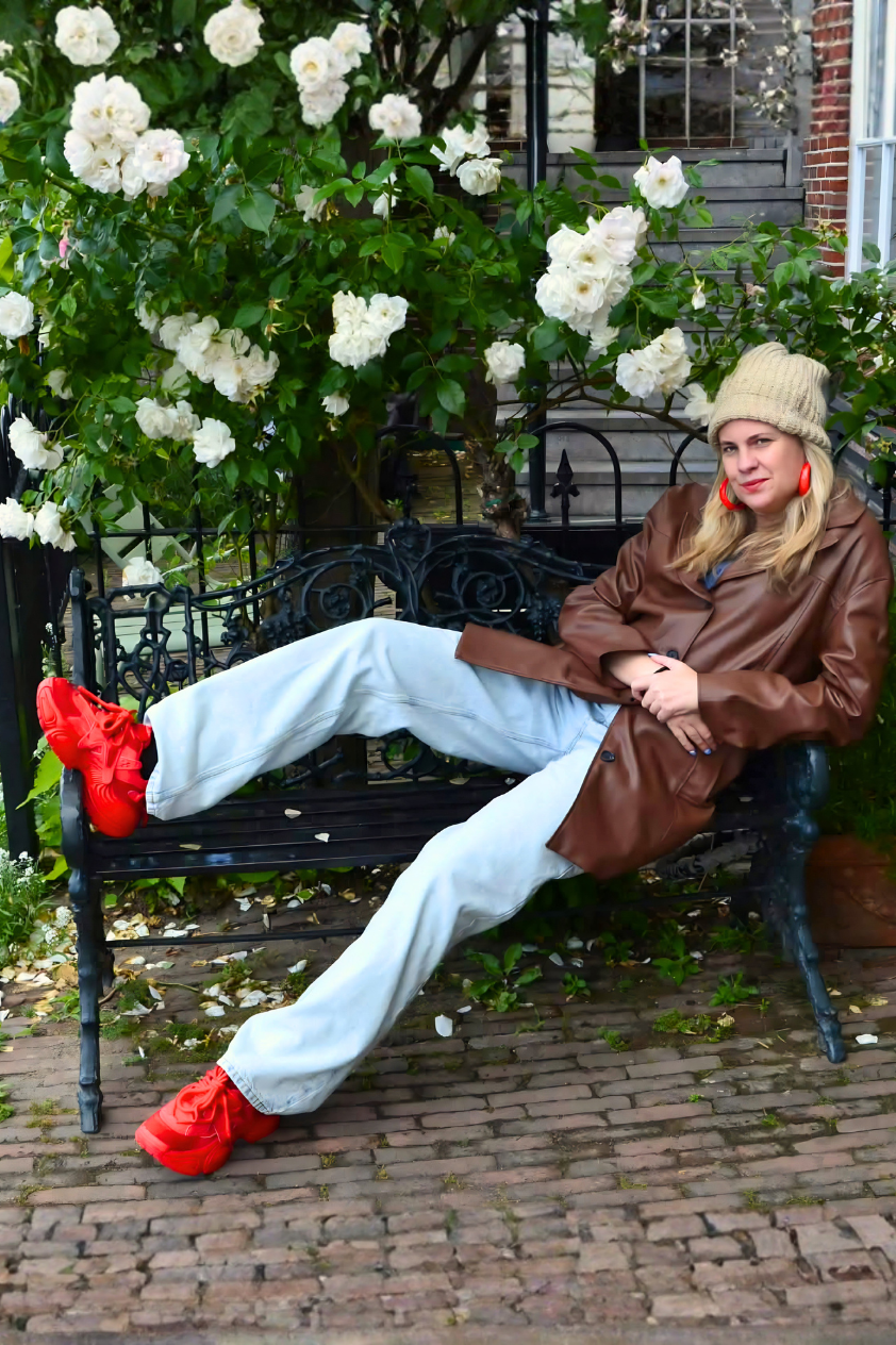 How To Style a Brown Leather Jacket With Some Red Shein Sneakers.